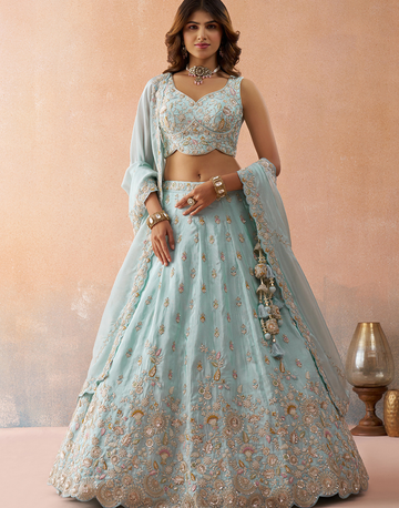 Royal Sky Blue Tissue Lehenga with Sparkling Beads & Sequins Embroidery