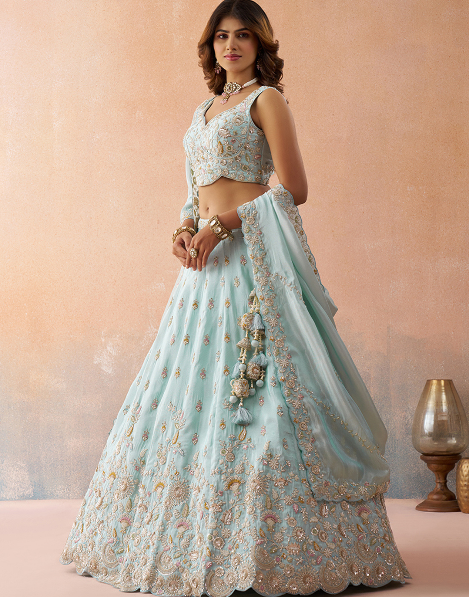 Royal Sky Blue Tissue Lehenga with Sparkling Beads & Sequins Embroidery_1