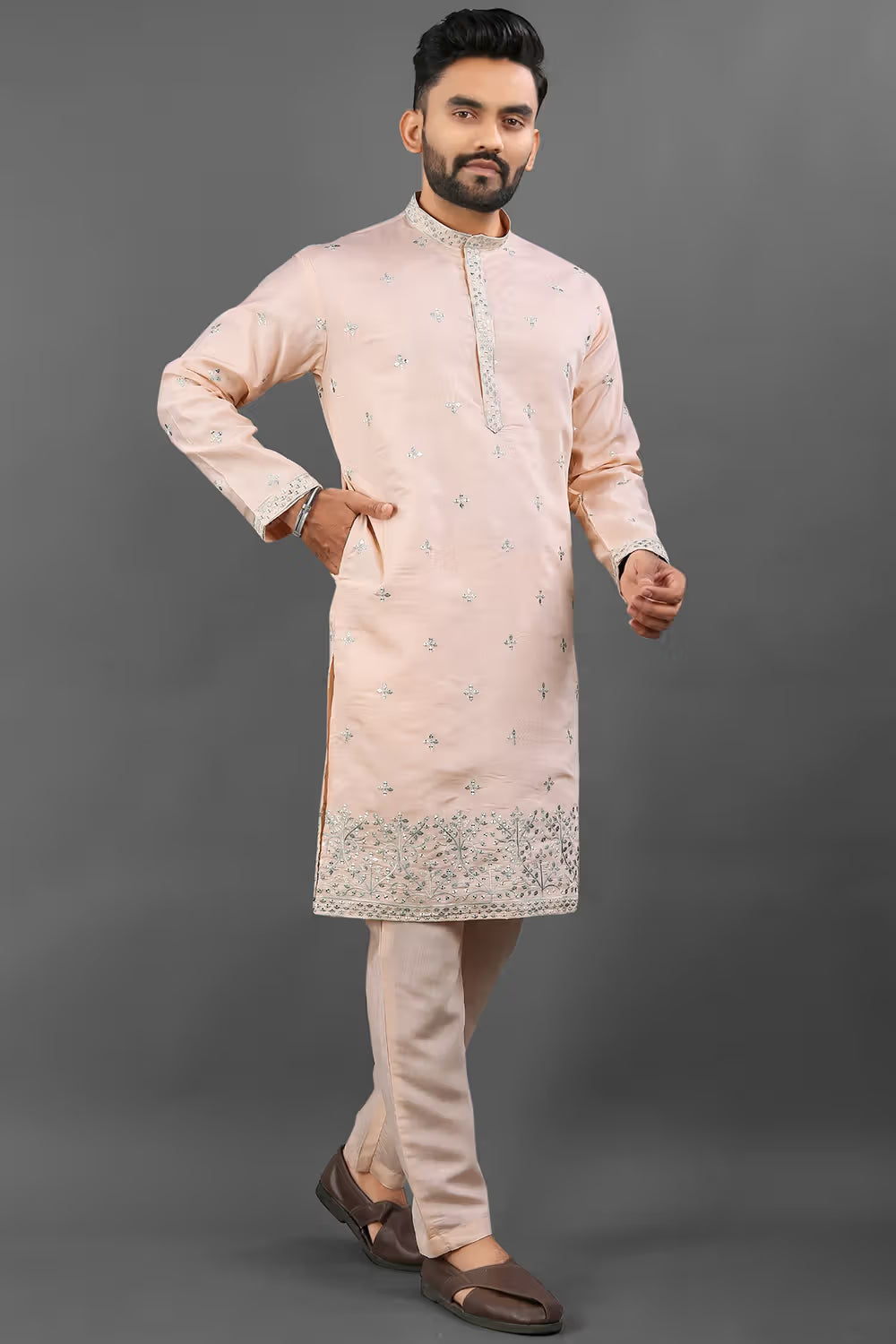 Light Peach Men's Kurta Pyjama for Wedding Guest - RENT
