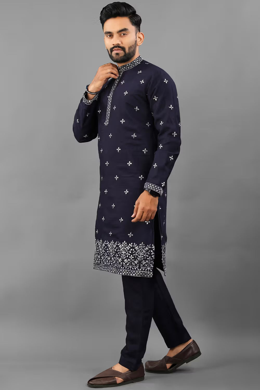 Navy Blue Men's Kurta Pyjama for Wedding Guest - RENT
