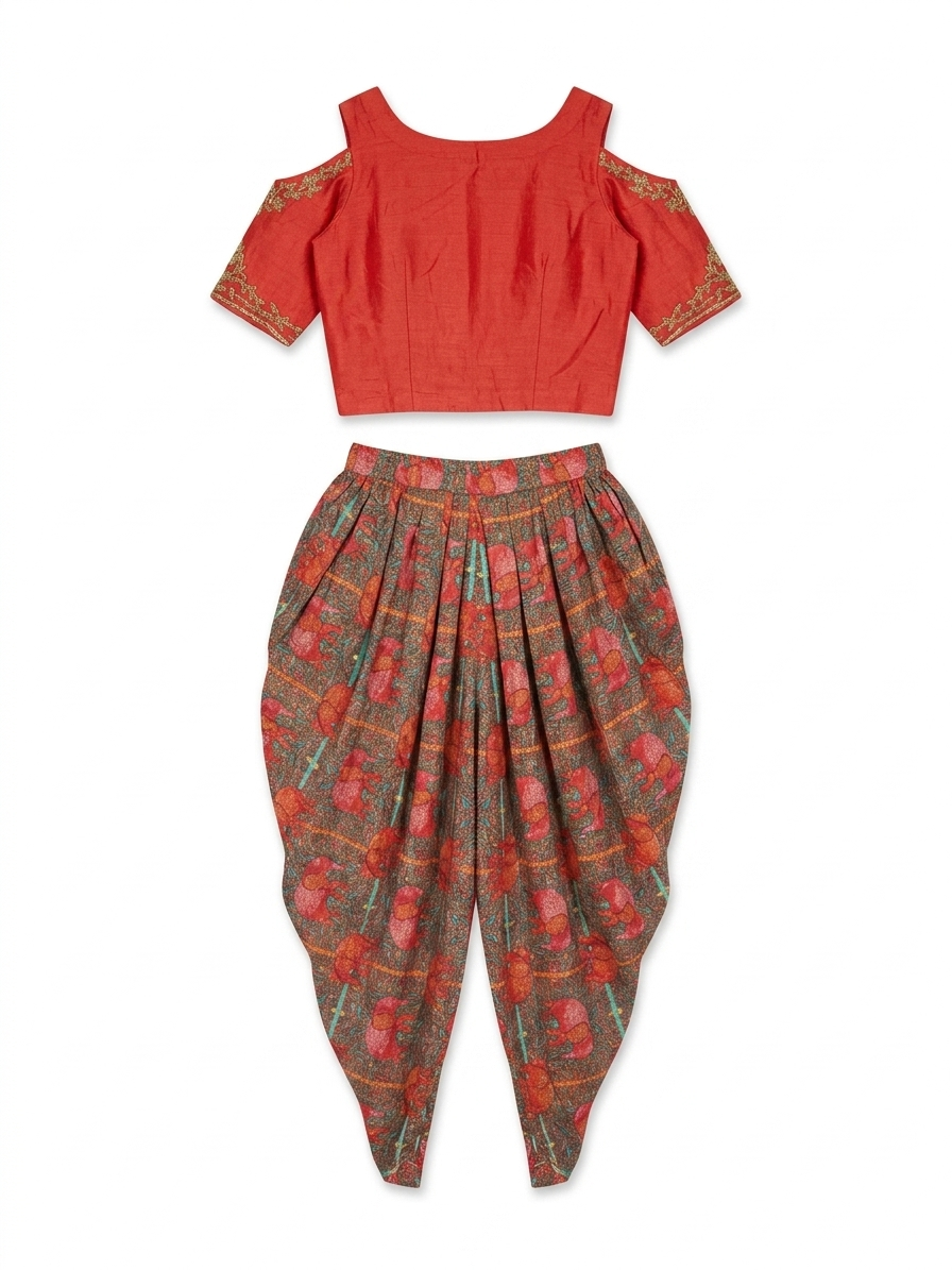Rust Orange Cold-Shoulder Blouse with Printed Dhoti Pant Set