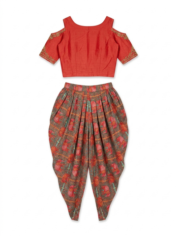 Rust Orange Cold-Shoulder Blouse with Printed Dhoti Pant Set