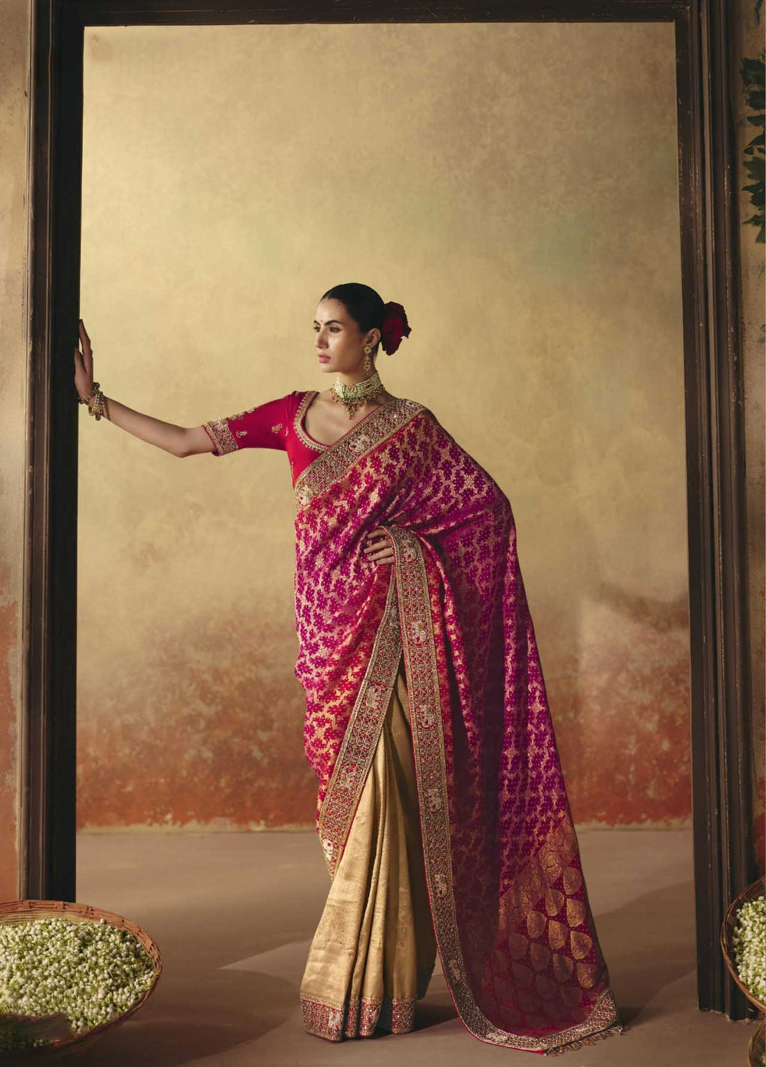 Red & Pink Pure Khadi Georgette Bandhej Saree for Wedding - RENT