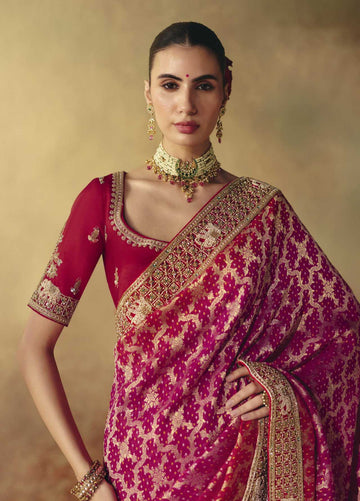 Red & Pink Pure Khadi Georgette Bandhej Saree for Wedding - RENT