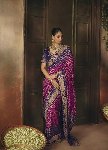 Purple & Pink Pure Khadi Georgette Bandhej Saree for Wedding - RENT