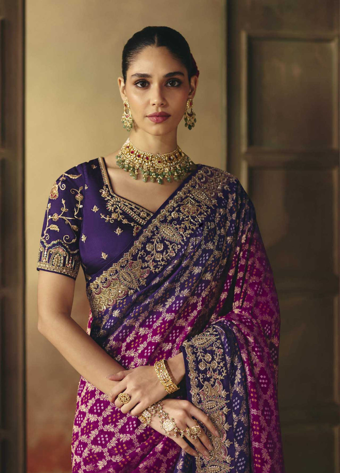 Purple & Pink Pure Khadi Georgette Bandhej Saree for Wedding - RENT