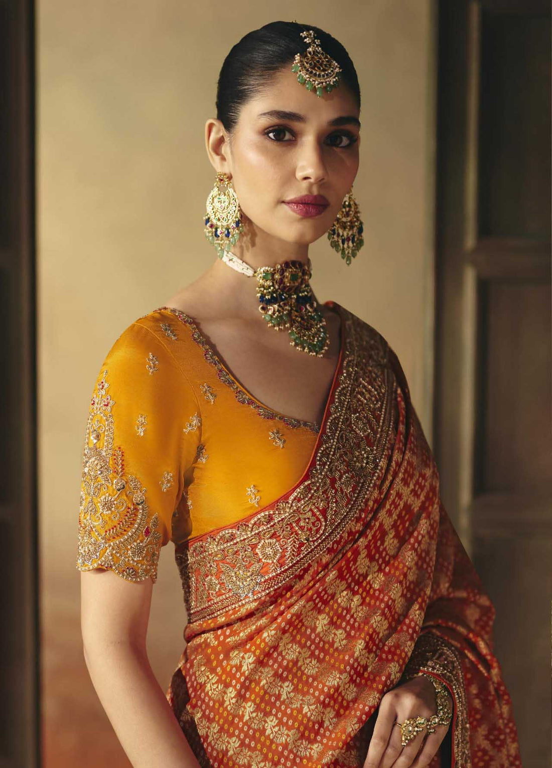 Orange Pure Khadi Georgette Bandhej Saree for Wedding - RENT