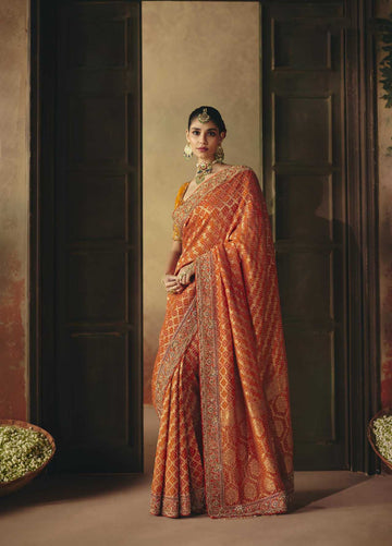 Orange Pure Khadi Georgette Bandhej Saree for Wedding - RENT