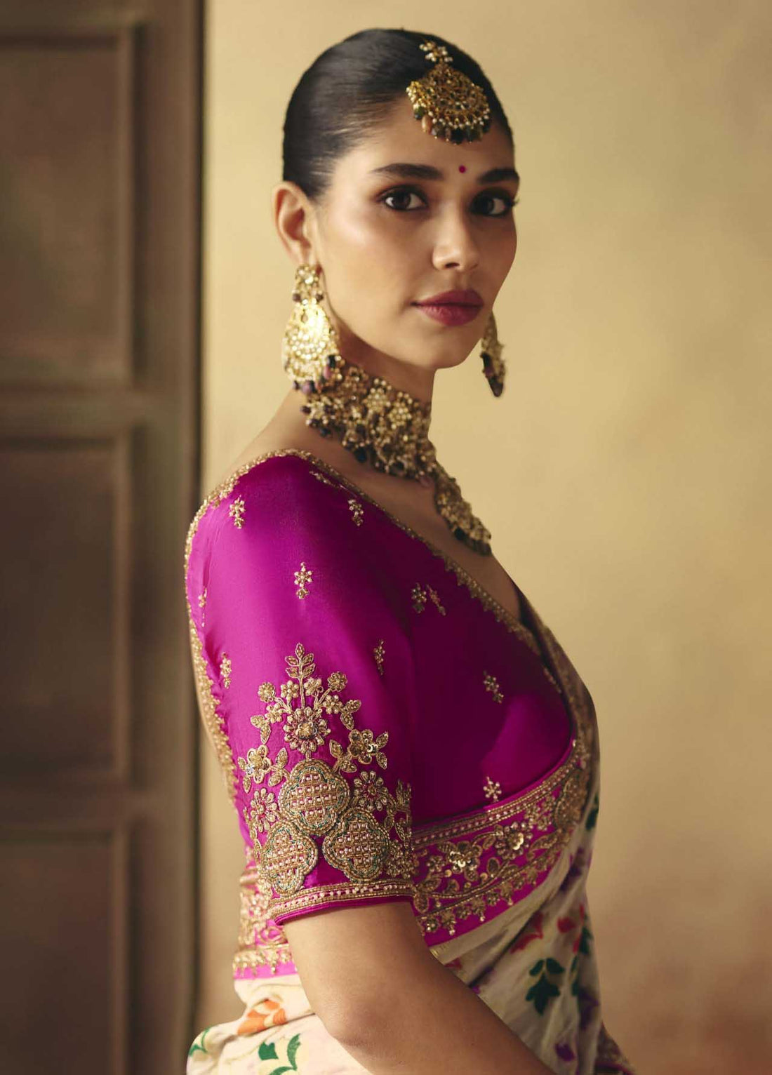 Pink & Off-white Khadi Georgette Bandhej Saree for Wedding - RENT