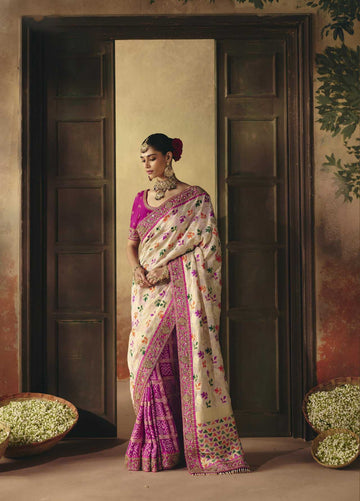 Pink & Off-white Khadi Georgette Bandhej Saree for Wedding - RENT