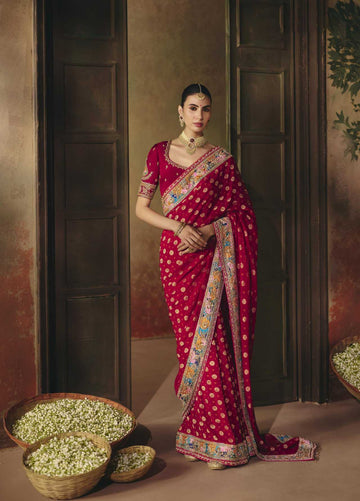 Red Pure Khadi Georgette Bandhej Saree for Wedding - RENT