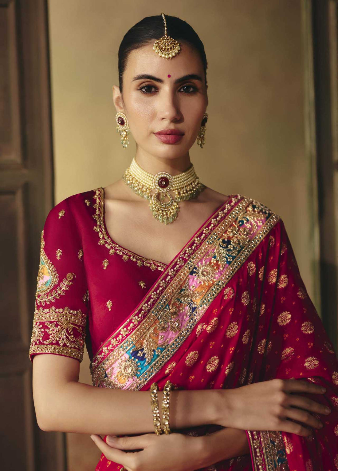 Red Pure Khadi Georgette Bandhej Saree for Wedding - RENT
