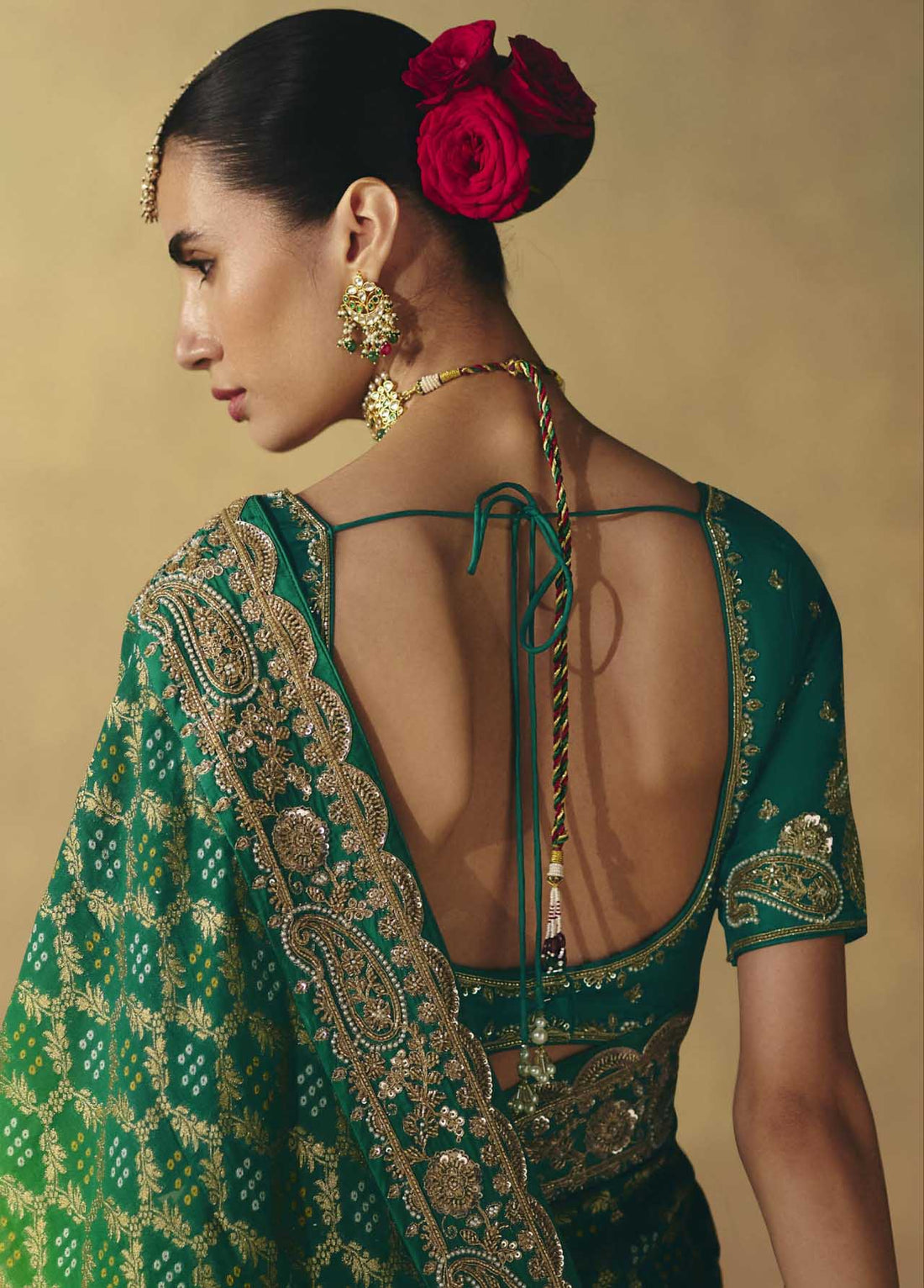 Green Pure Khadi Georgette Bandhej Saree for Wedding - RENT