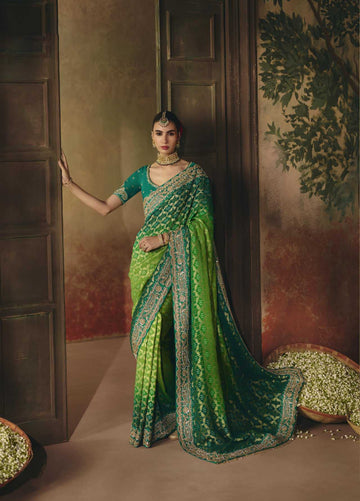 Green Pure Khadi Georgette Bandhej Saree for Wedding - RENT