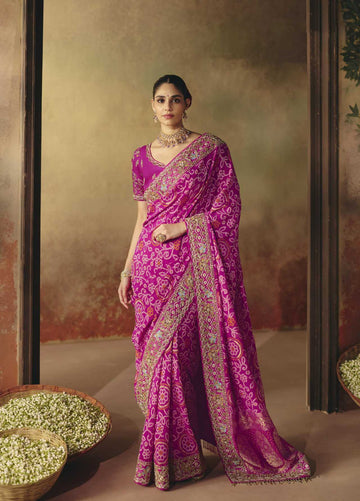 Pink Pure Khadi Georgette Bandhej Saree for Wedding - RENT