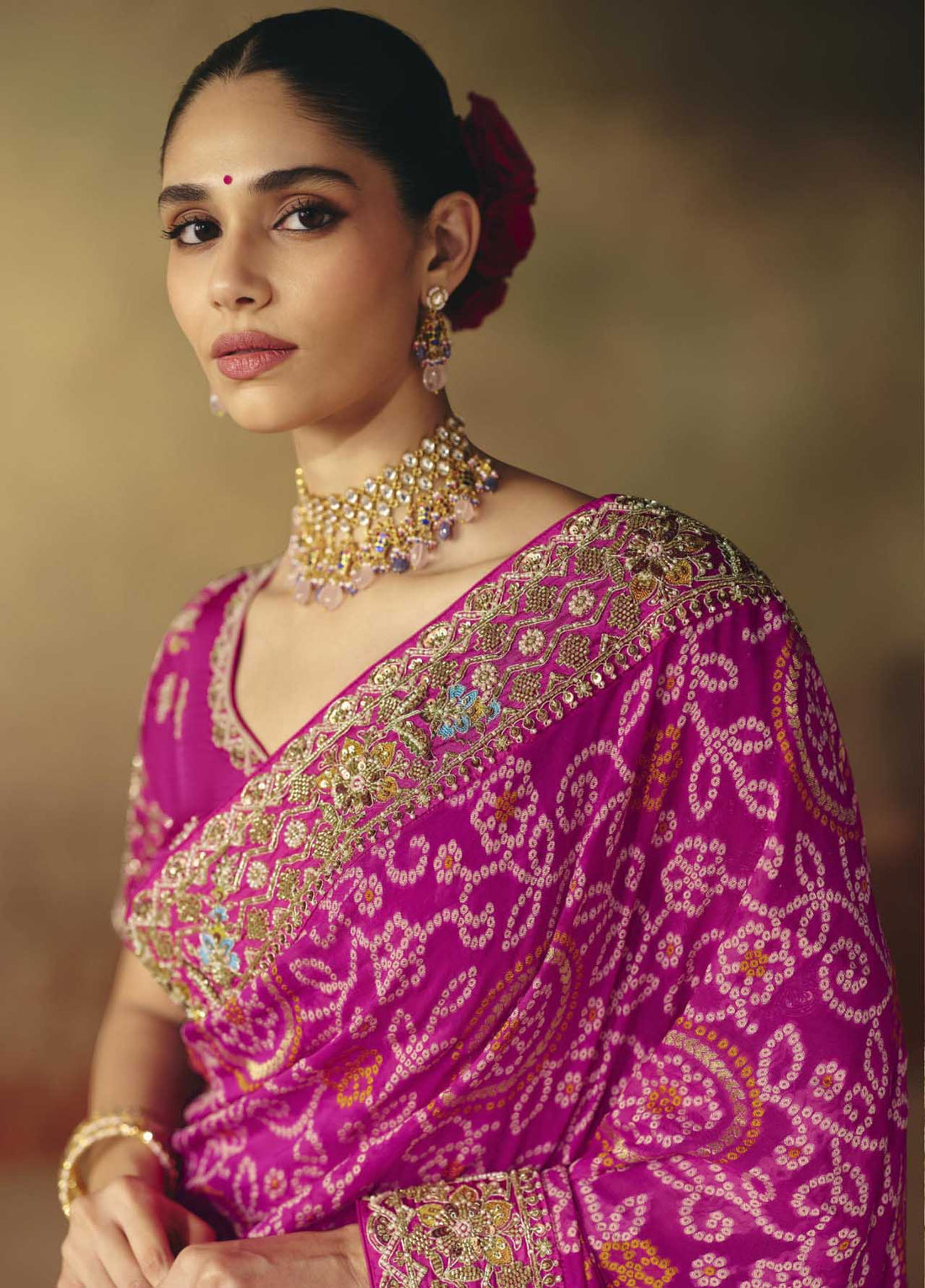 Pink Pure Khadi Georgette Bandhej Saree for Wedding - RENT