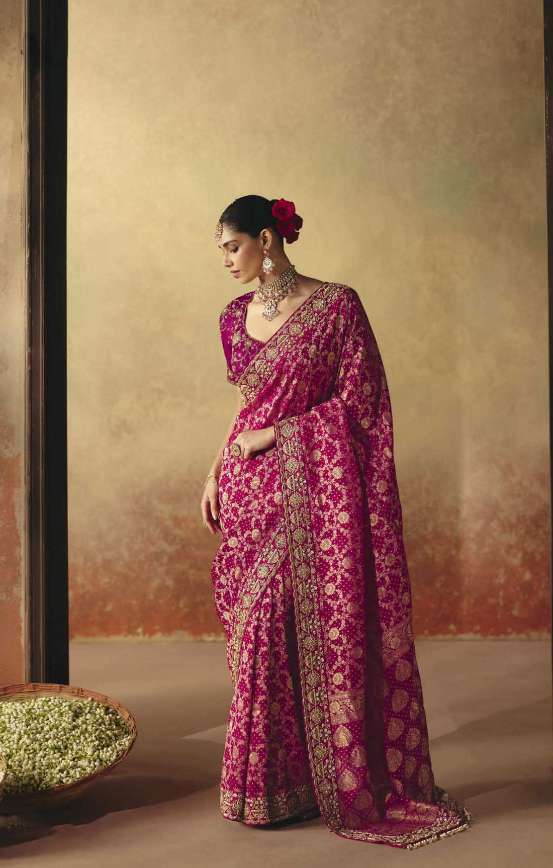 Pink Khadi Georgette Bandhej Saree for Wedding - RENT
