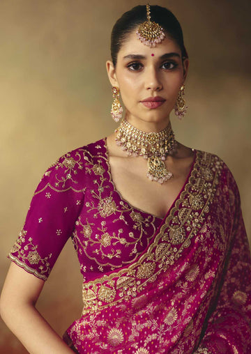 Pink Khadi Georgette Bandhej Saree for Wedding - RENT