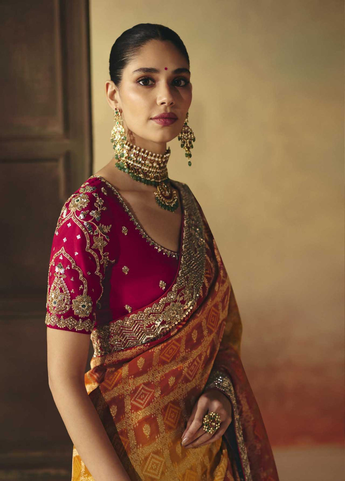 Orange and Red Pure Khadi Georgette Bandhej Saree for Wedding - RENT