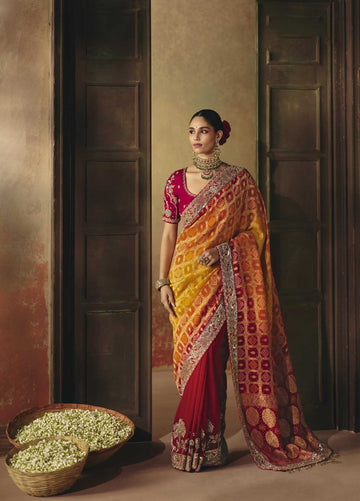 Orange and Red Pure Khadi Georgette Bandhej Saree for Wedding - RENT