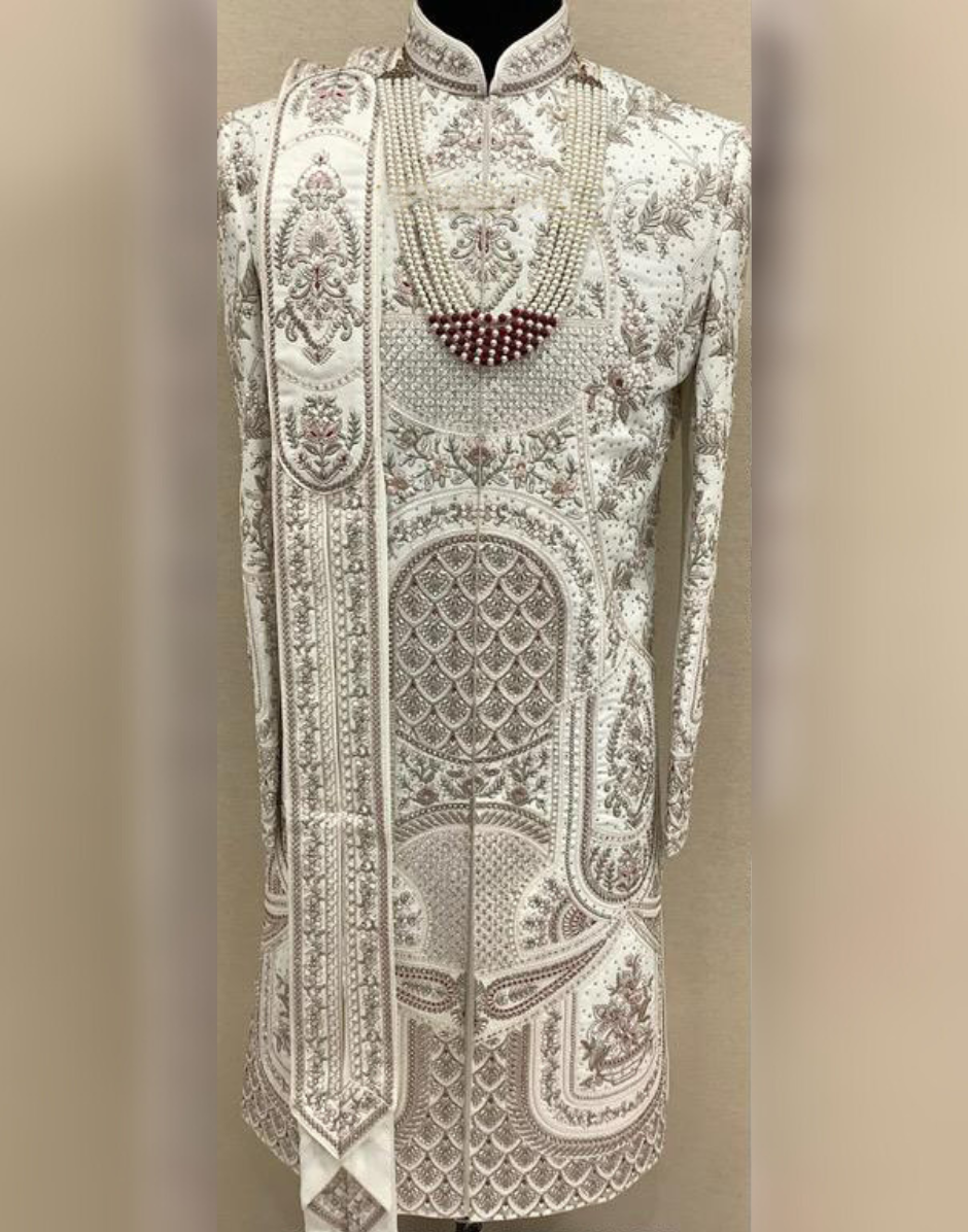 Classic Cream Sherwani Set Featuring Premium Embroidery & Embellished Finish