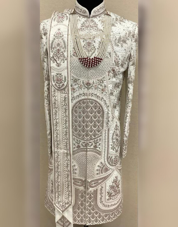 Classic Cream Sherwani Set Featuring Premium Embroidery & Embellished Finish