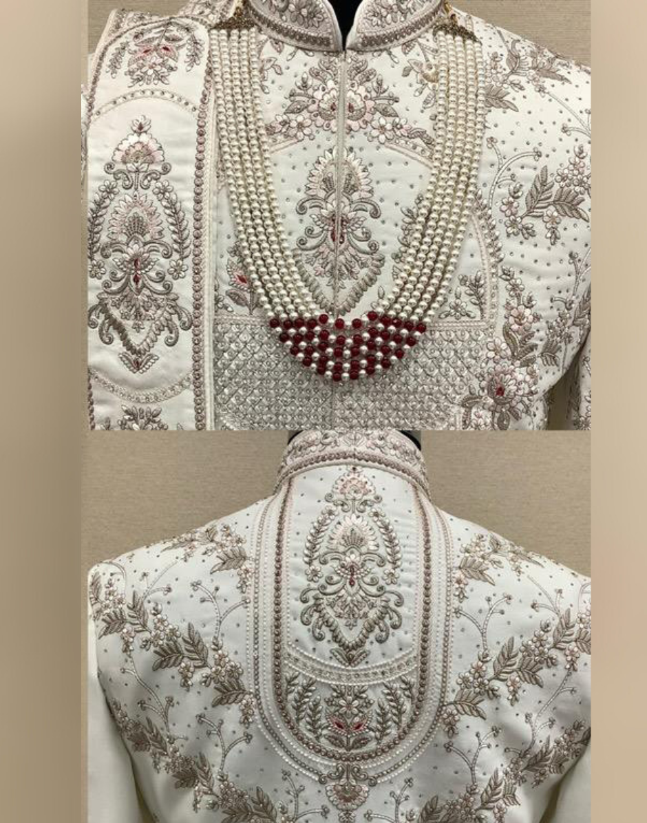 Classic Cream Sherwani Set Featuring Premium Embroidery & Embellished Finish