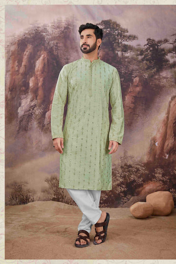 Pista Green Viscose Embroidered Mirror Work Kurta Pyjama - RENT