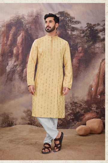 Yellow Viscose Embroidered Mirror Work Kurta Pyjama - RENT