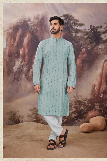 Sky Blue Viscose Embroidered Mirror Work Kurta Pyjama - RENT