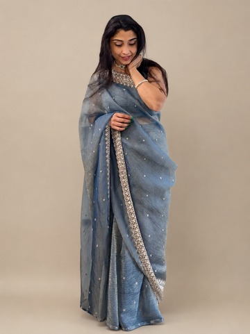 Steel Blue Tissue Saree with Sequins & Embroidered Border for Wedding & Party Wear
