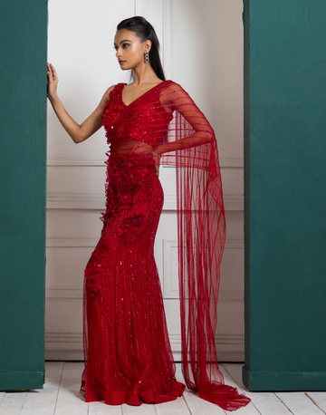 Scarlet Bloom Drape Saree