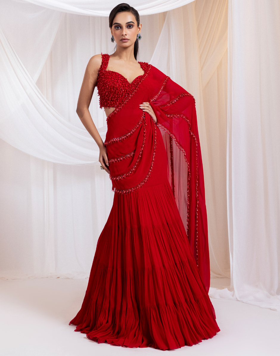 Scarlet Charm Ruby Red Saree with Layered Ruffles and Delicate Beadwork