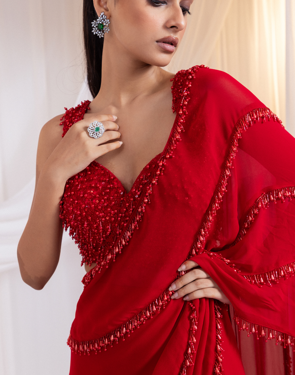Scarlet Charm Ruby Red Saree with Layered Ruffles and Delicate Beadwork_2