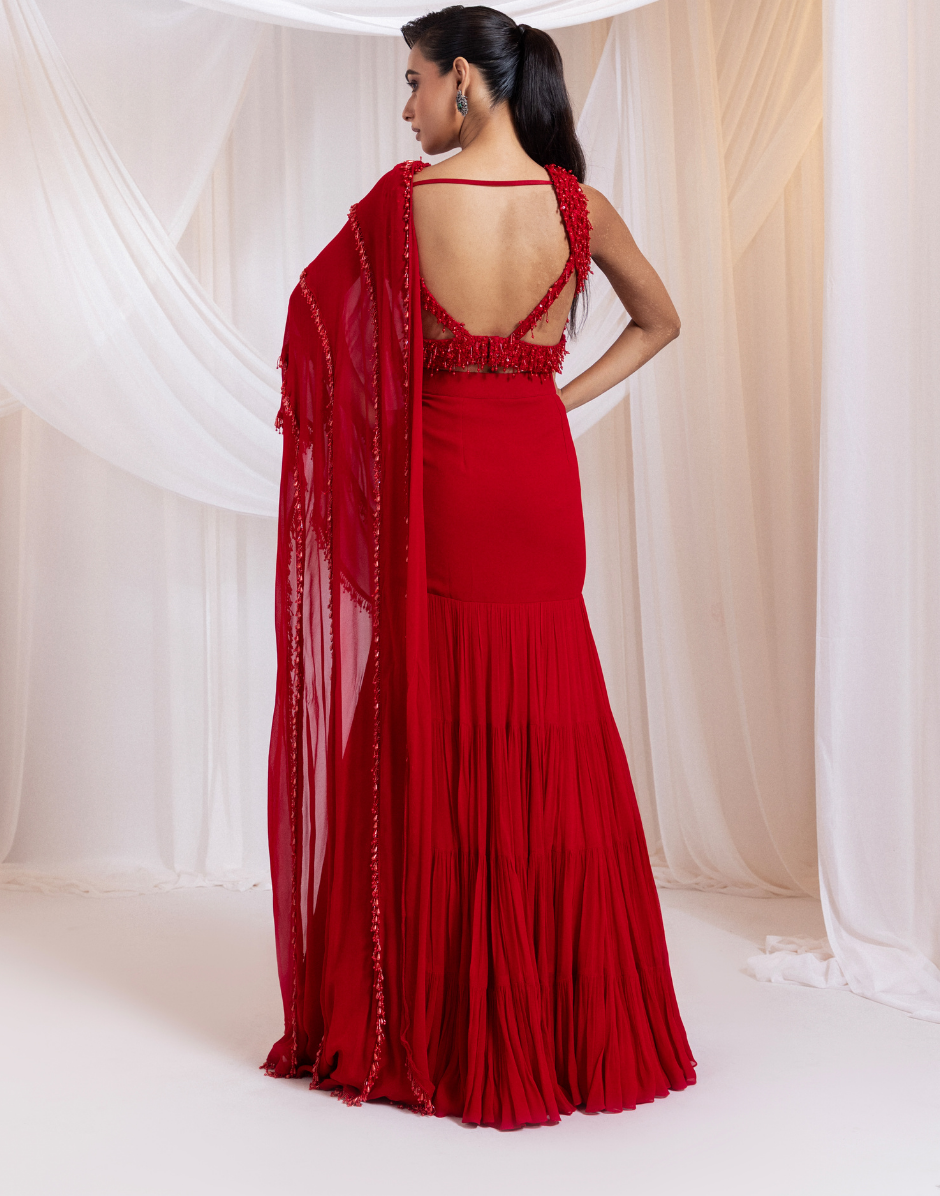 Scarlet Charm Ruby Red Saree with Layered Ruffles and Delicate Beadwork_3