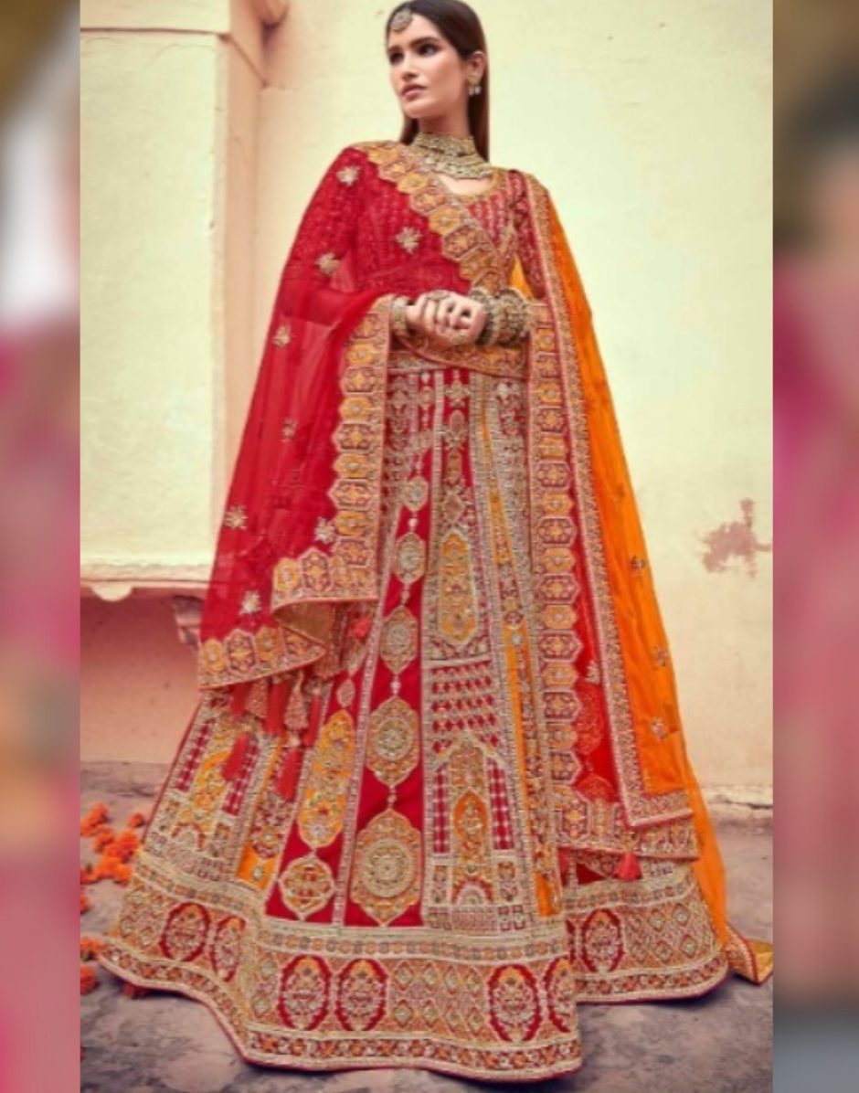 Scarlet Splendor Red Bridal Silk Lehenga with Rich Khatli Embellishments - Buy