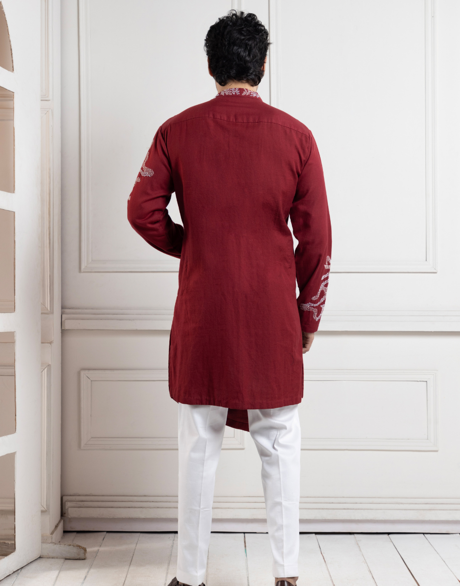 Scarlet Wine Embroidered Kurta Set Bold and Exquisite Statement