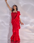 Scarlett Ruffled Red Georgette Pre-Draped Saree Set with Embellished Net Corset