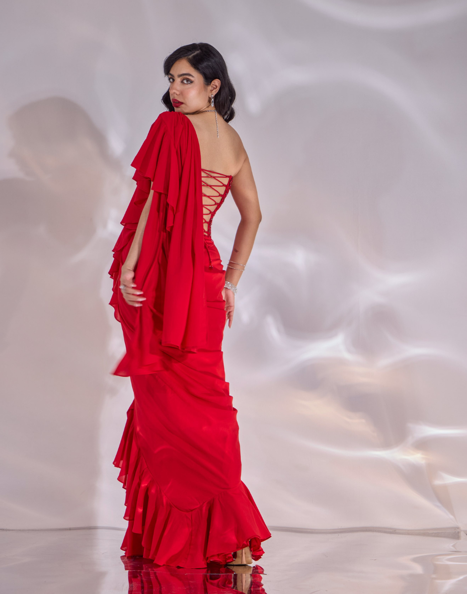 Scarlett Ruffled Red Georgette Pre-Draped Saree Set with Embellished Net Corset_1