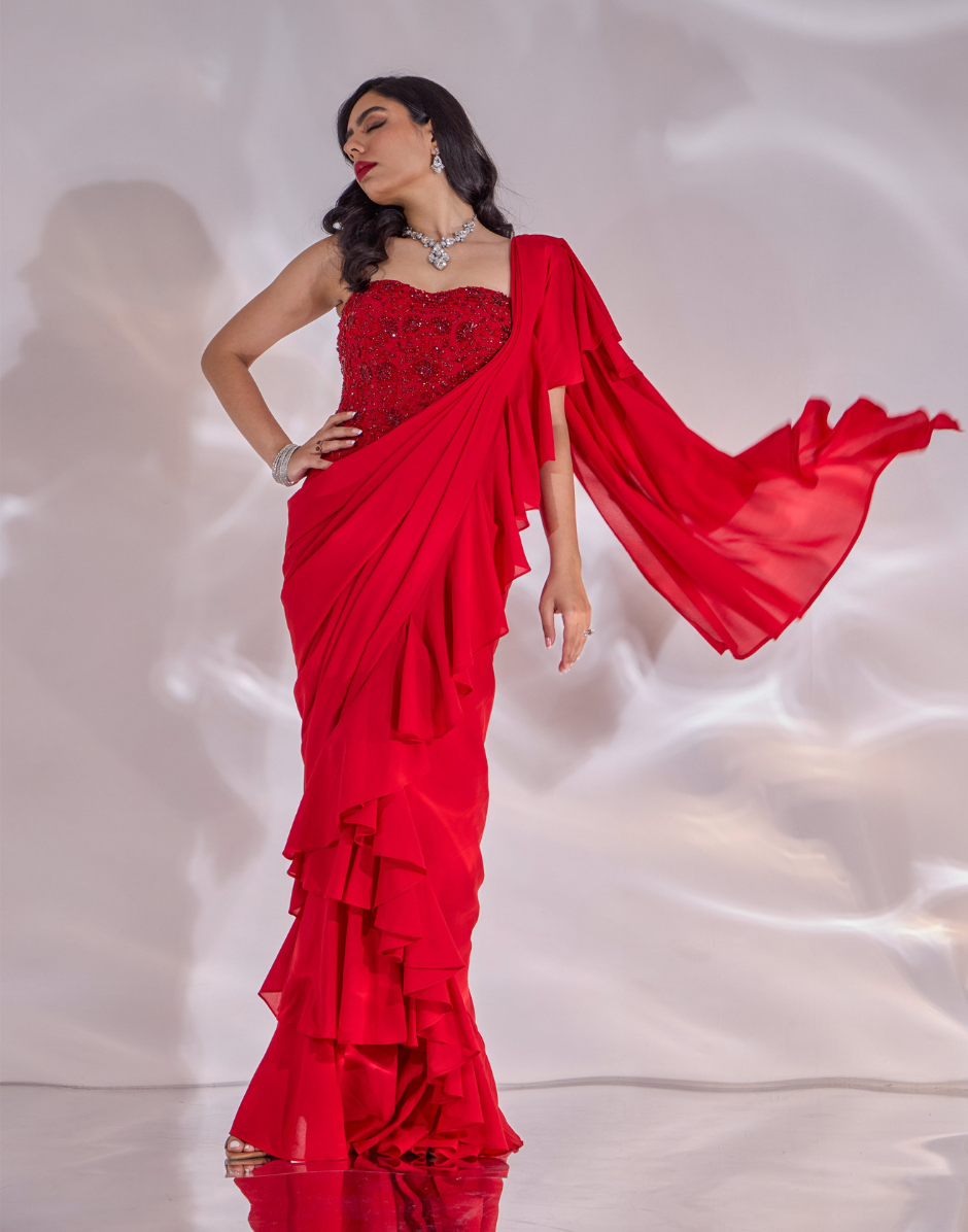 Scarlett Ruffled Red Georgette Pre-Draped Saree Set with Embellished Net Corset_2