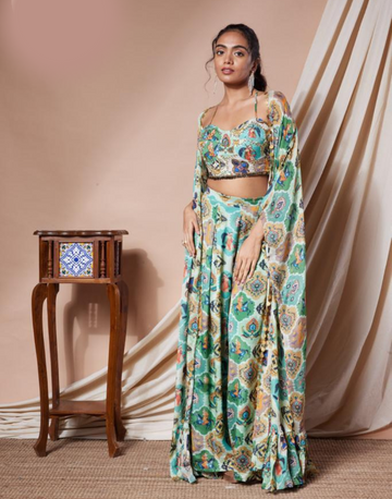 Sea Green Floral Print Georgette 3-Piece Set Contemporary Ethnic Wear for Women