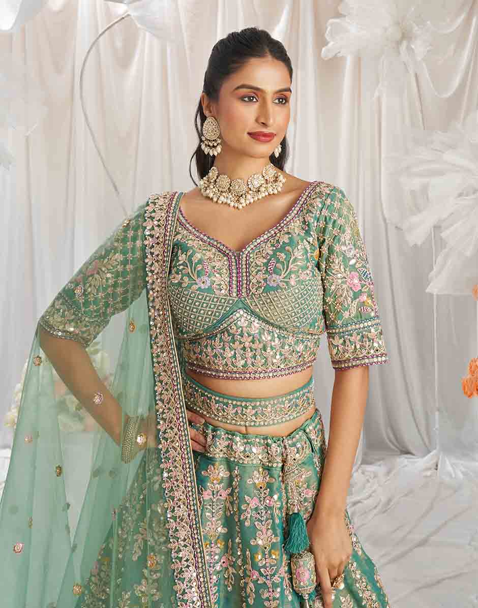 Sea Green Gotapatti & Moti Embroidery Semi-Stitched Lehenga Choli & Dupatta
