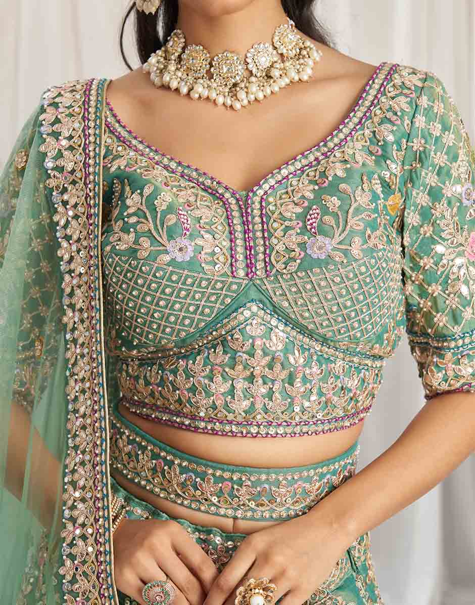 Sea Green Gotapatti & Moti Embroidery Semi-Stitched Lehenga Choli & Dupatta