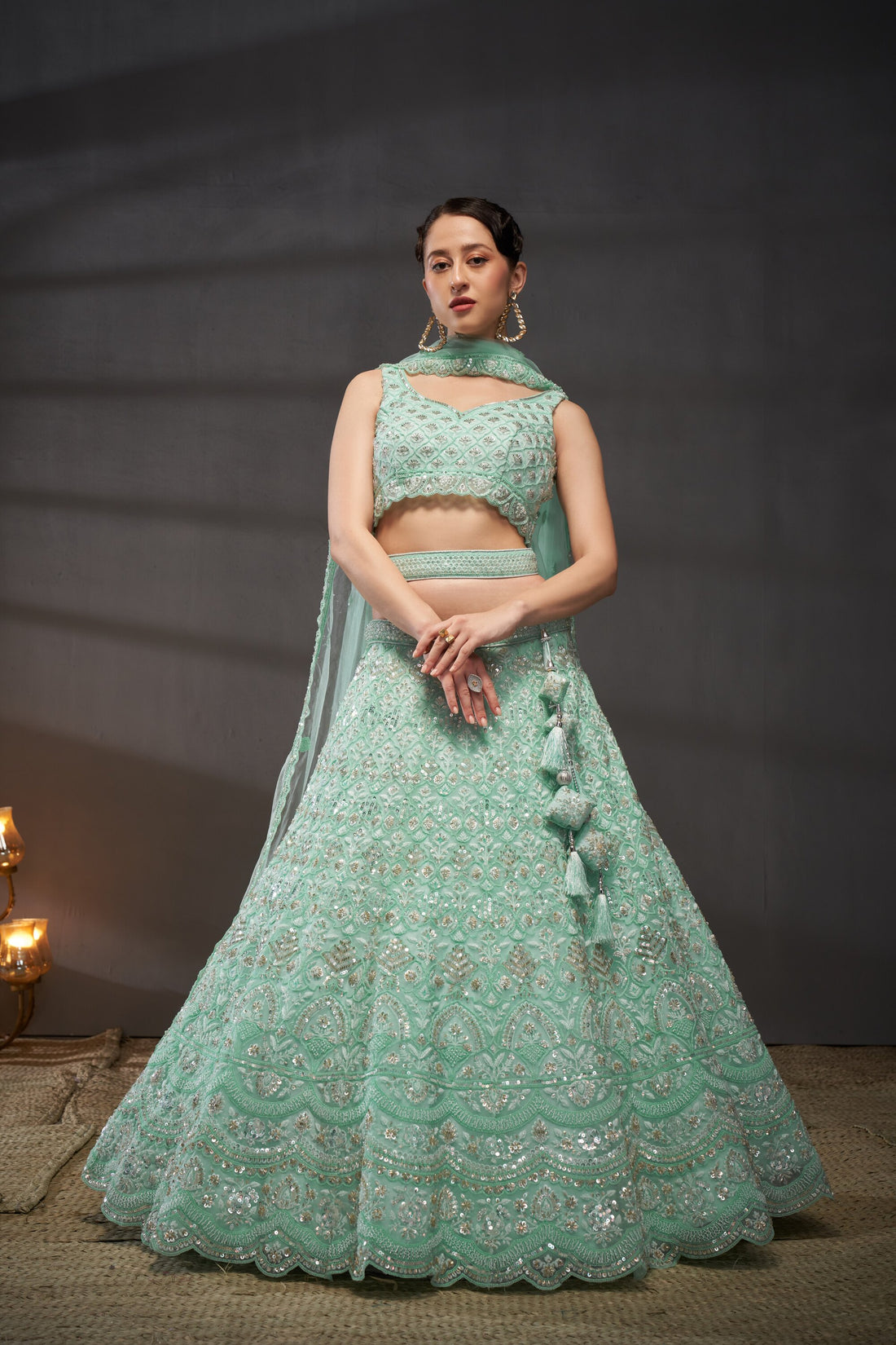Sea Green Net Cutdana Sequins and Zarkan Lehenga Choli & Dupatta - Rent