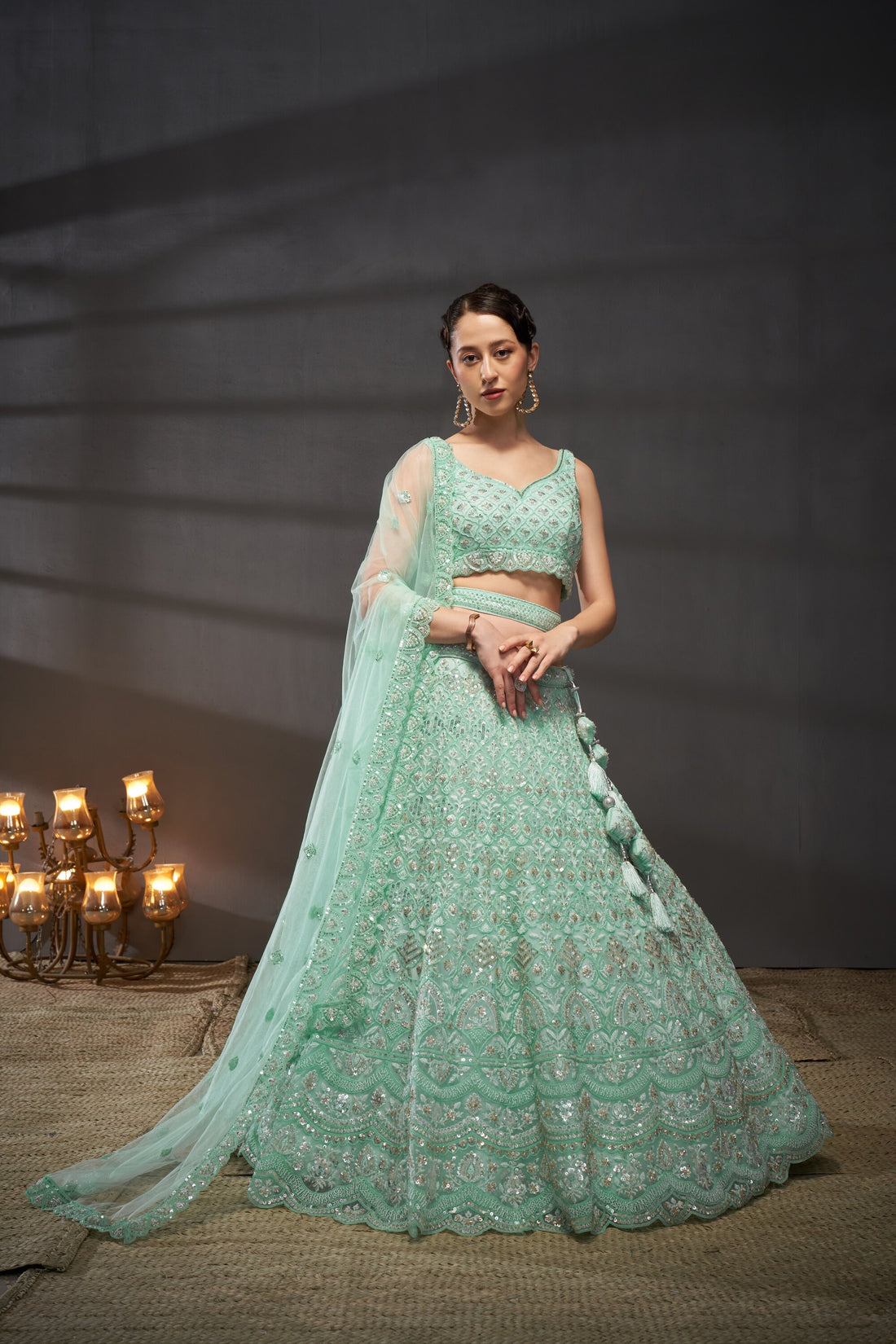Sea Green Net Cutdana Sequins and Zarkan Lehenga Choli & Dupatta - Rent