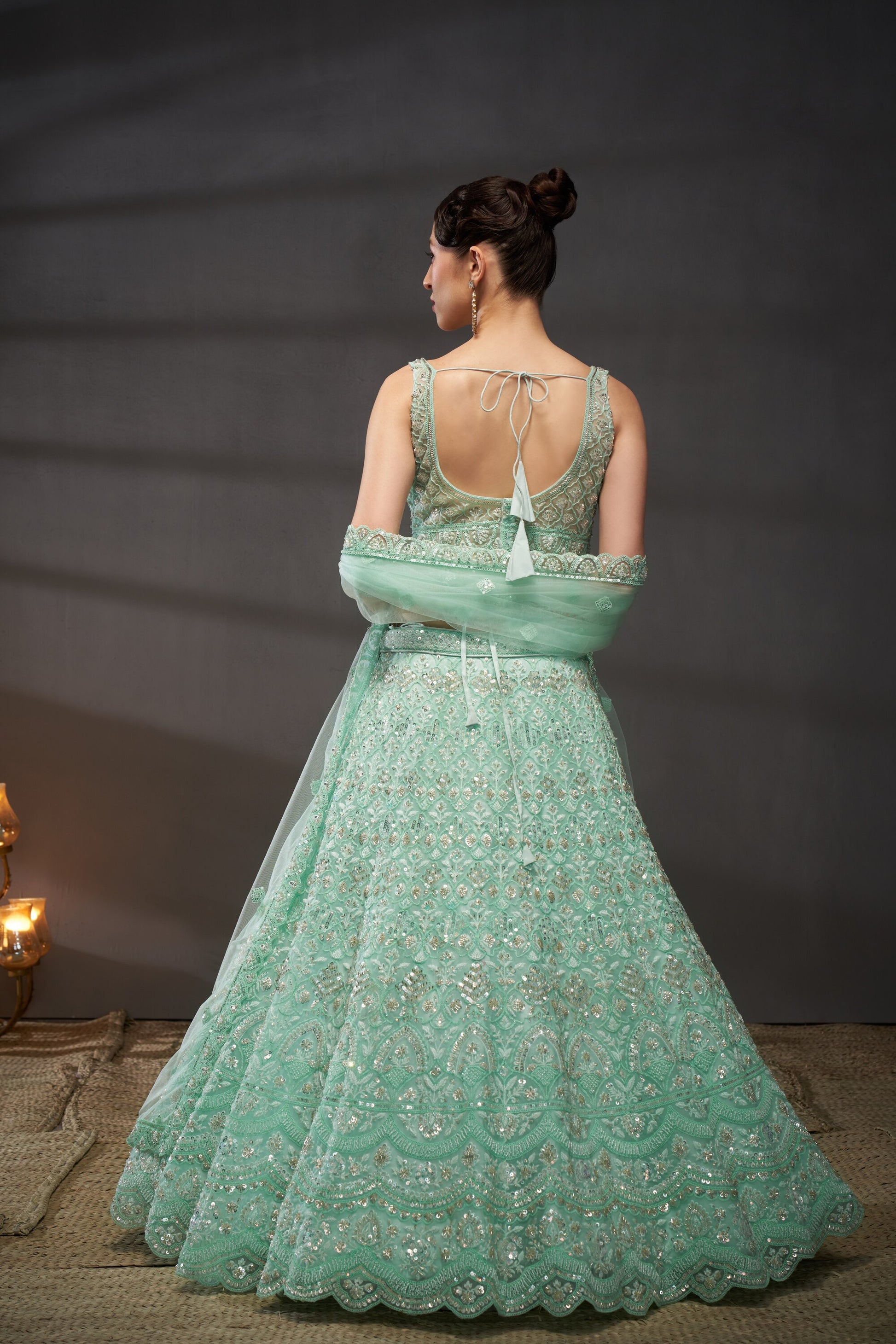 Sea Green Net Cutdana Sequins and Zarkan Lehenga Choli & Dupatta - Ren Sea Green Net Cutdana Sequins and Zarkan Lehenga Choli & Dupatta - Ren