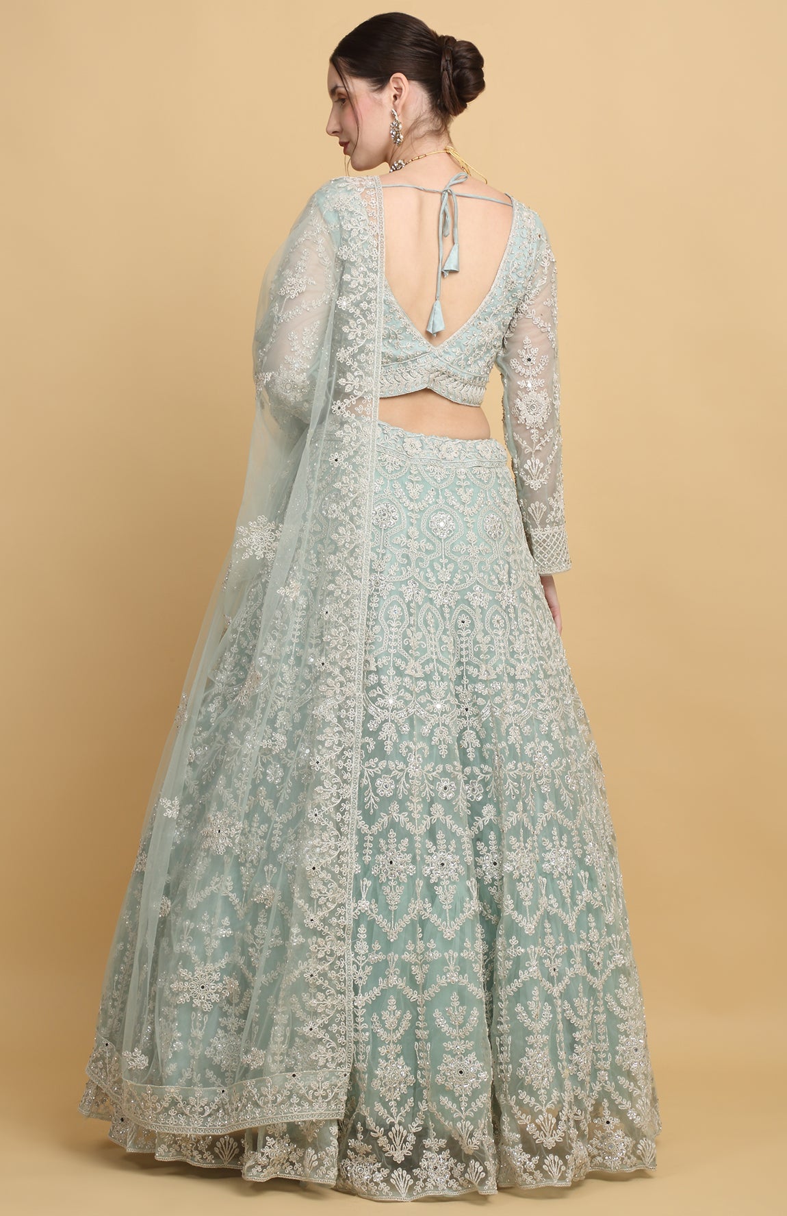 Sea Green Net Embroidered Floral Leaf Neck Bridal Lehenga Set L / SeaGreen / 7 Days Sea Green Net Embroidered Floral Leaf Neck Bridal Lehenga Set L / SeaGreen / 7 Days