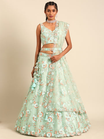 Sea Green Net Sequins and Zarkan embroidery Semi-Stitched Lehenga choli & Dupatta