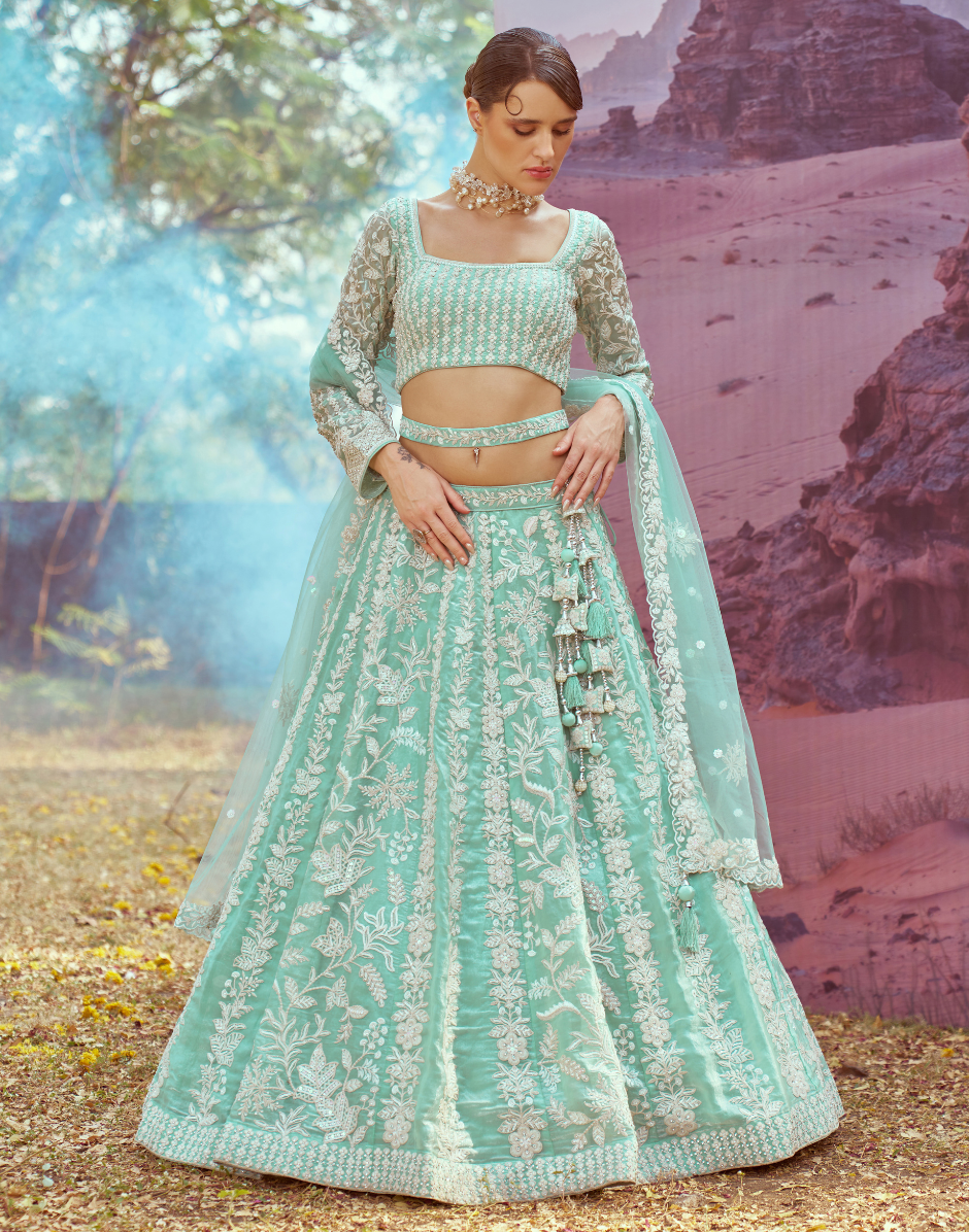 Sea Green Organza Lehenga Choli with Sequins Embroidery & Dupatta Elegant Bridal & Party Wear
