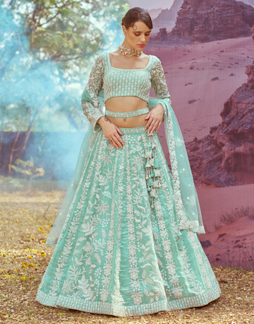 Sea Green Organza Lehenga Choli with Sequins Embroidery & Dupatta Elegant Bridal & Party Wear